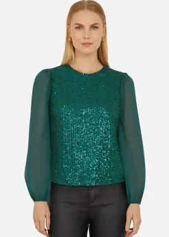 Tops>Yumi Green Sequin Top With Sheer Sleeves
