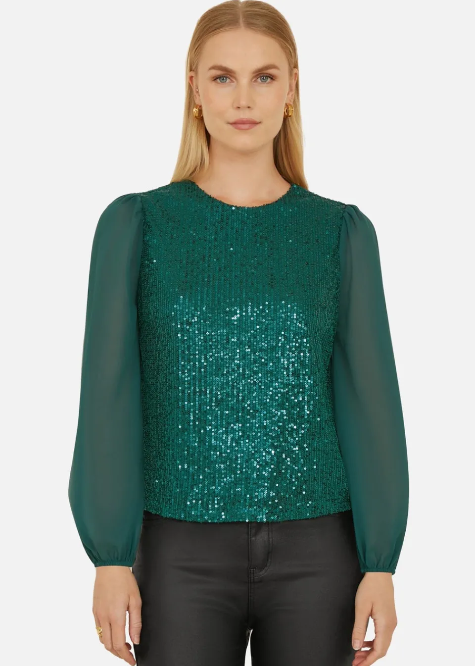Tops>Yumi Green Sequin Top With Sheer Sleeves