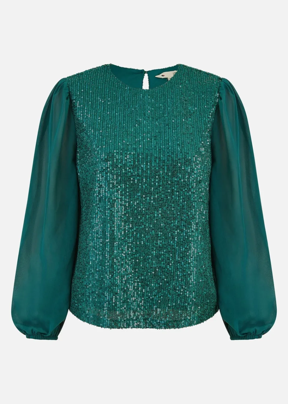 Tops>Yumi Green Sequin Top With Sheer Sleeves