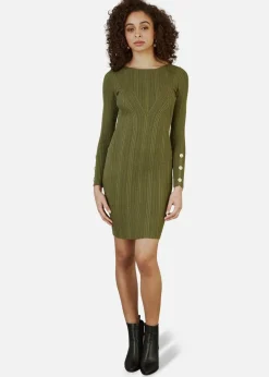 Knitwear>Yumi Green Shimmer Fitted Midi Dress With Button