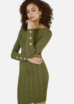 Knitwear>Yumi Green Shimmer Fitted Midi Dress With Button