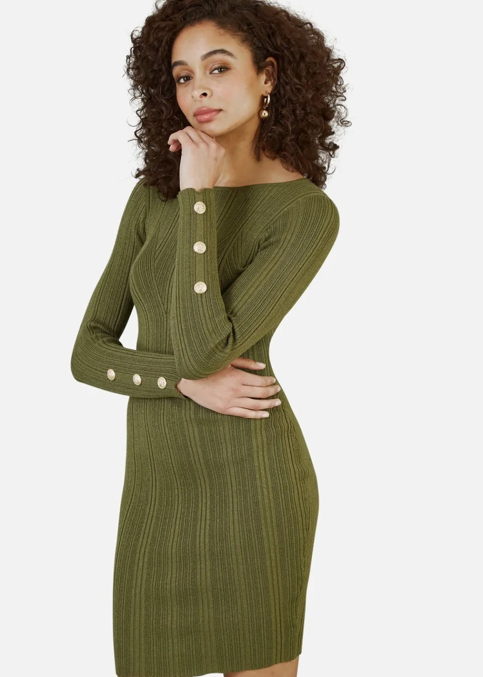 Knitwear>Yumi Green Shimmer Fitted Midi Dress With Button