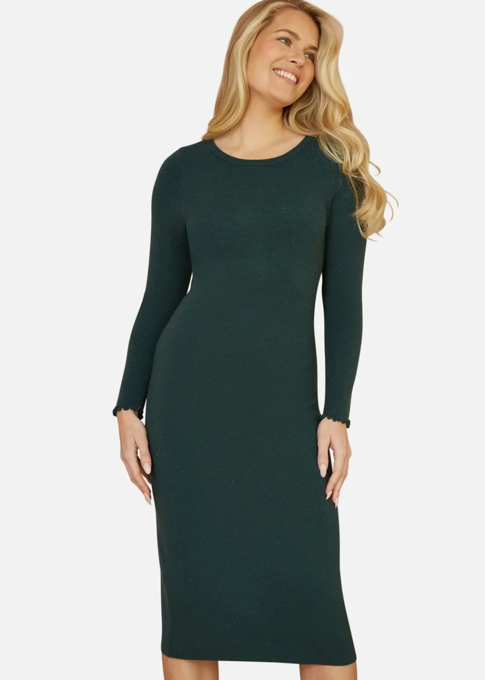 Knitwear>Yumi Green Sparkle Knit Midi Jumper Dress