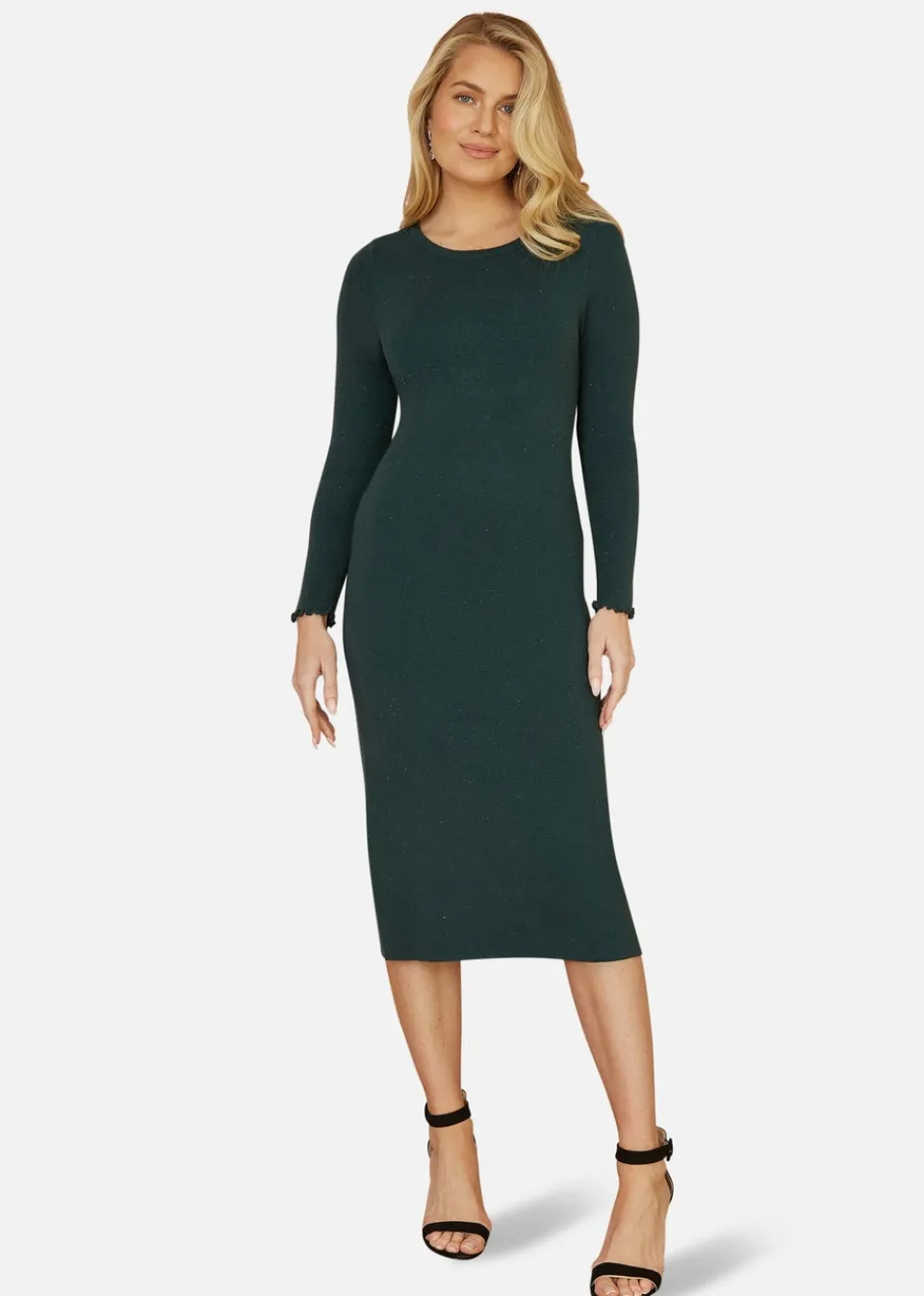 Knitwear>Yumi Green Sparkle Knit Midi Jumper Dress