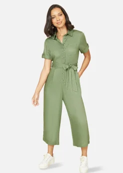 Jumpsuits & Playsuits>Yumi Green Twill Viscose Utility Jumpsuit
