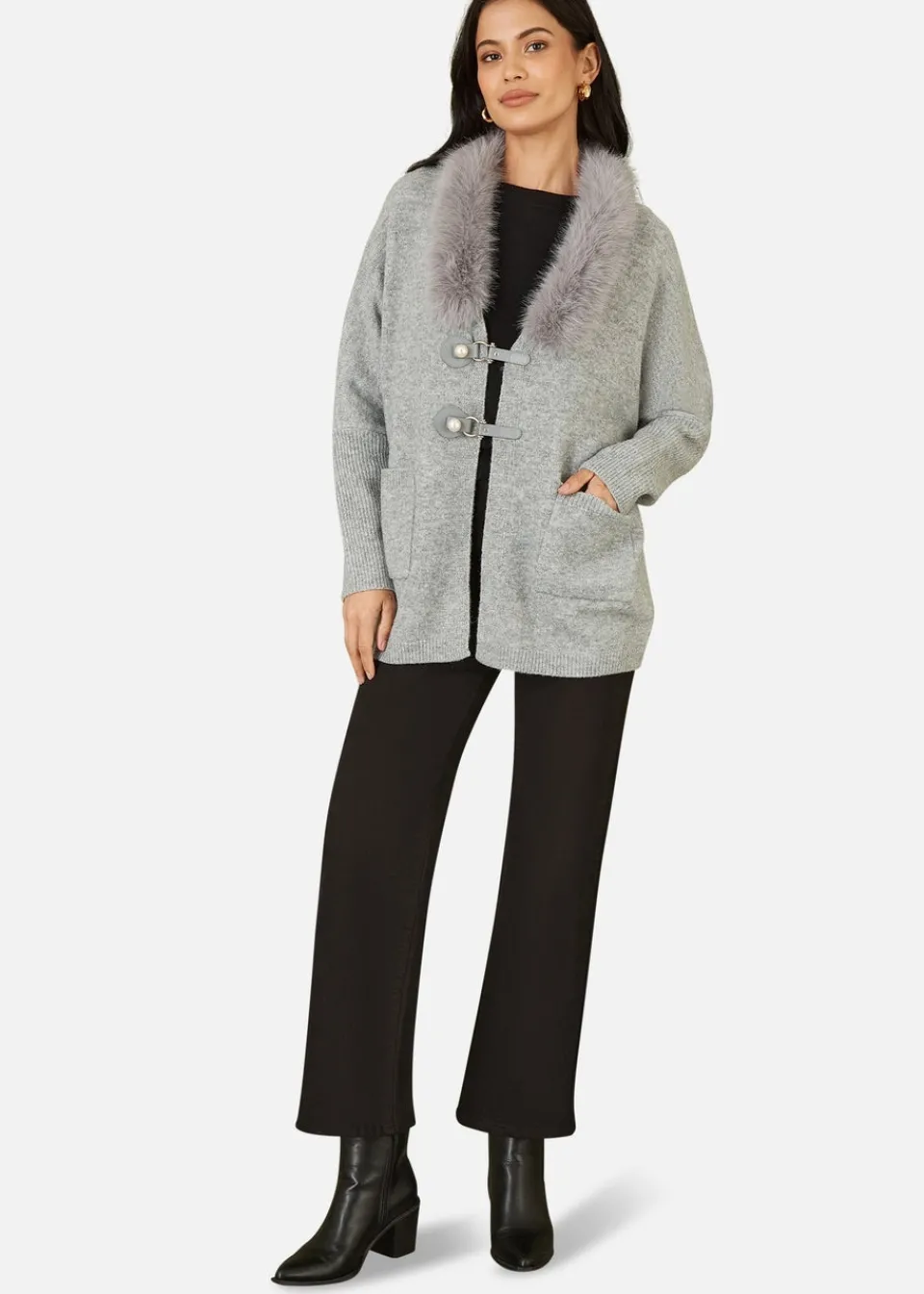 Tops>Yumi Grey Cardigan With Detachable Fur Collar Trim