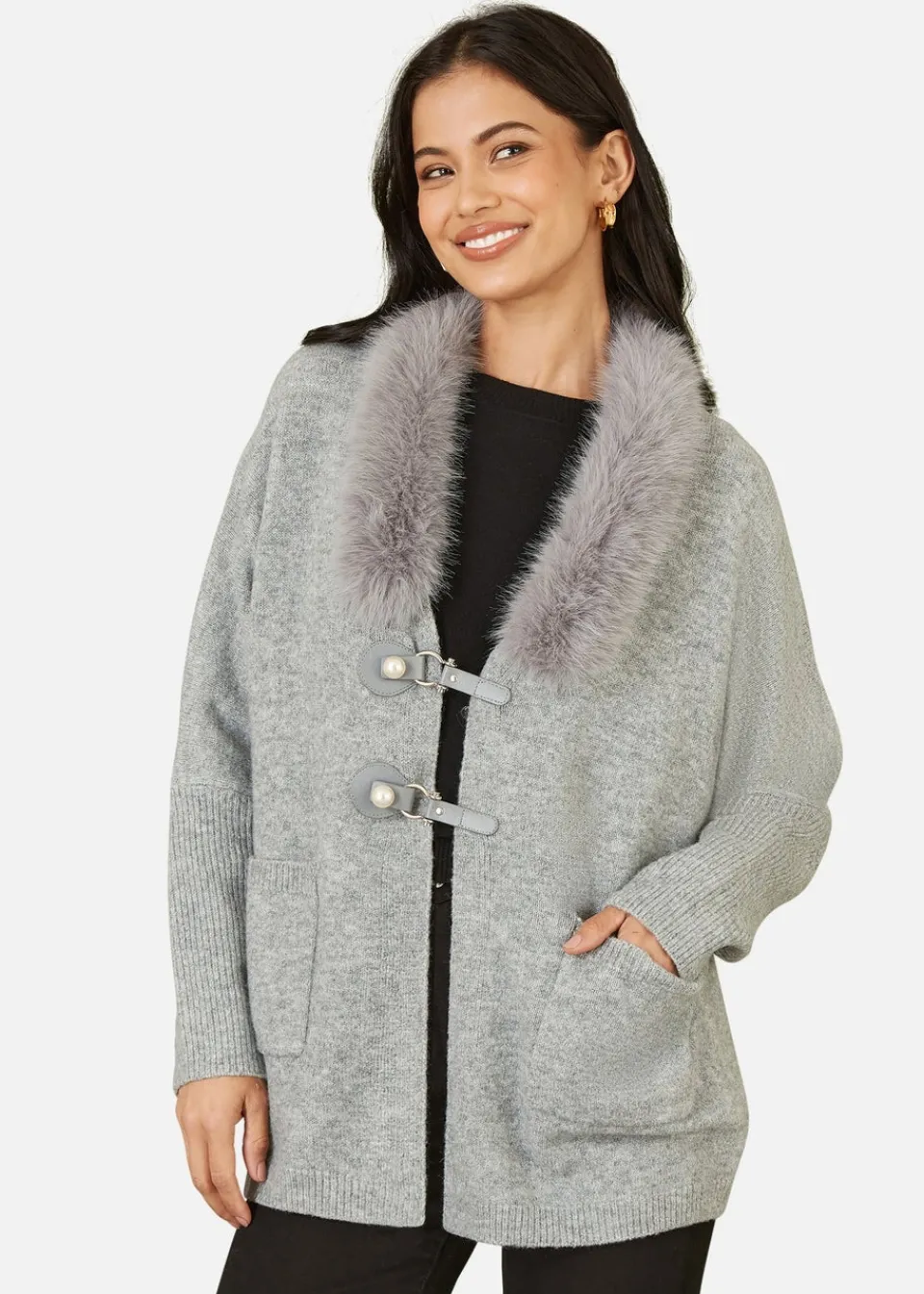 Tops>Yumi Grey Cardigan With Detachable Fur Collar Trim