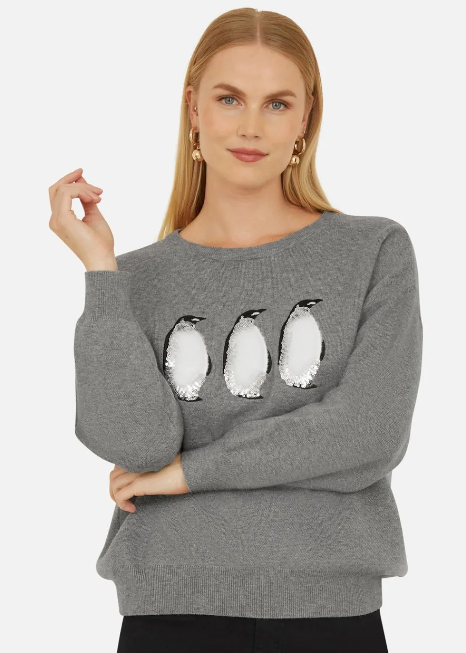 Knitwear>Yumi Grey Christmas Festive Penguin Knitted Jumper