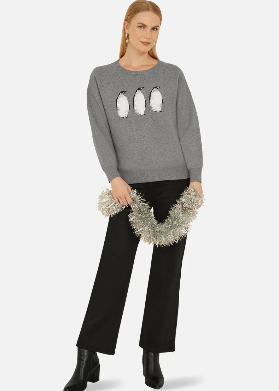 Knitwear>Yumi Grey Christmas Festive Penguin Knitted Jumper