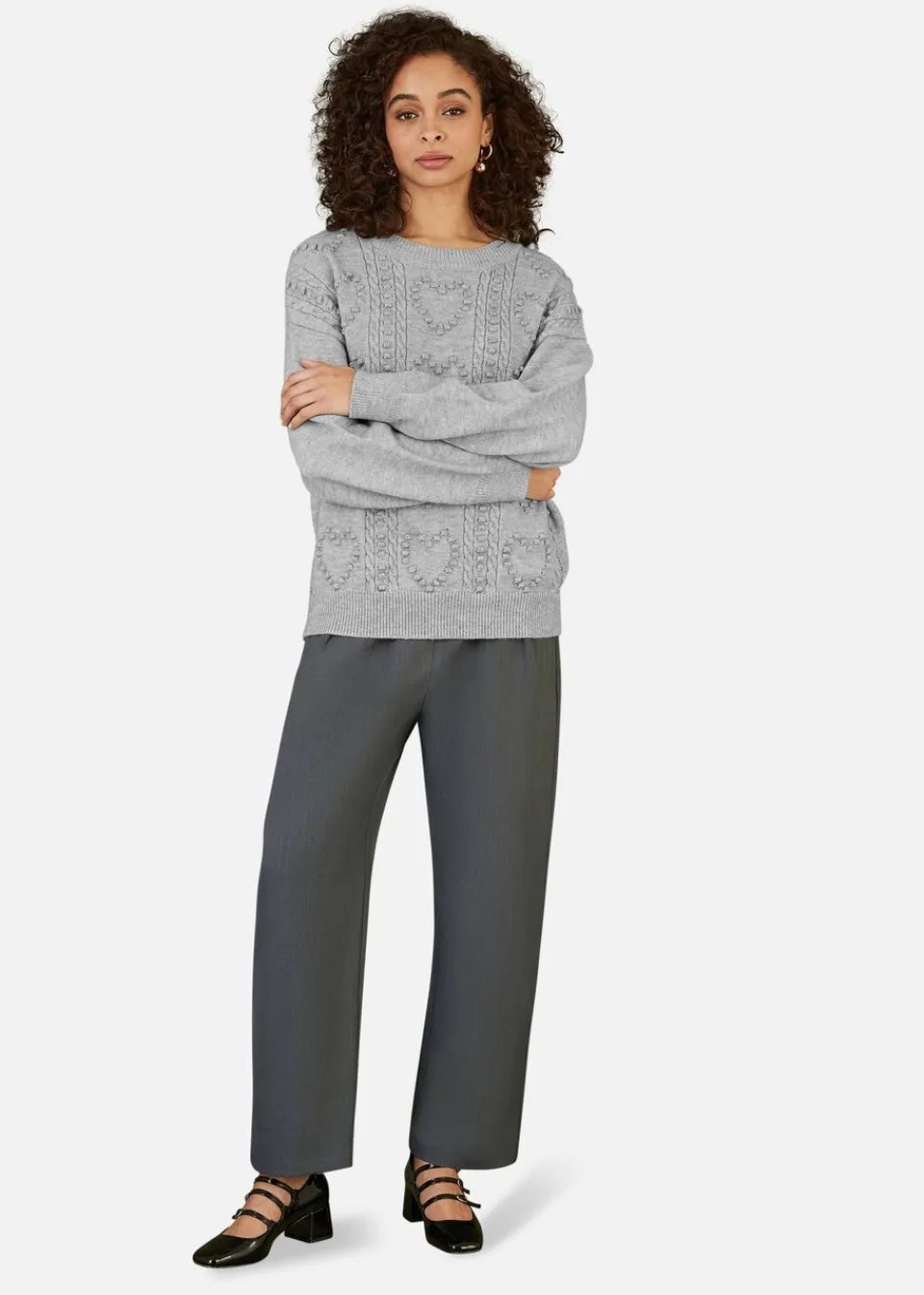 Tops>Yumi Grey Heart Knit Relaxed Jumper