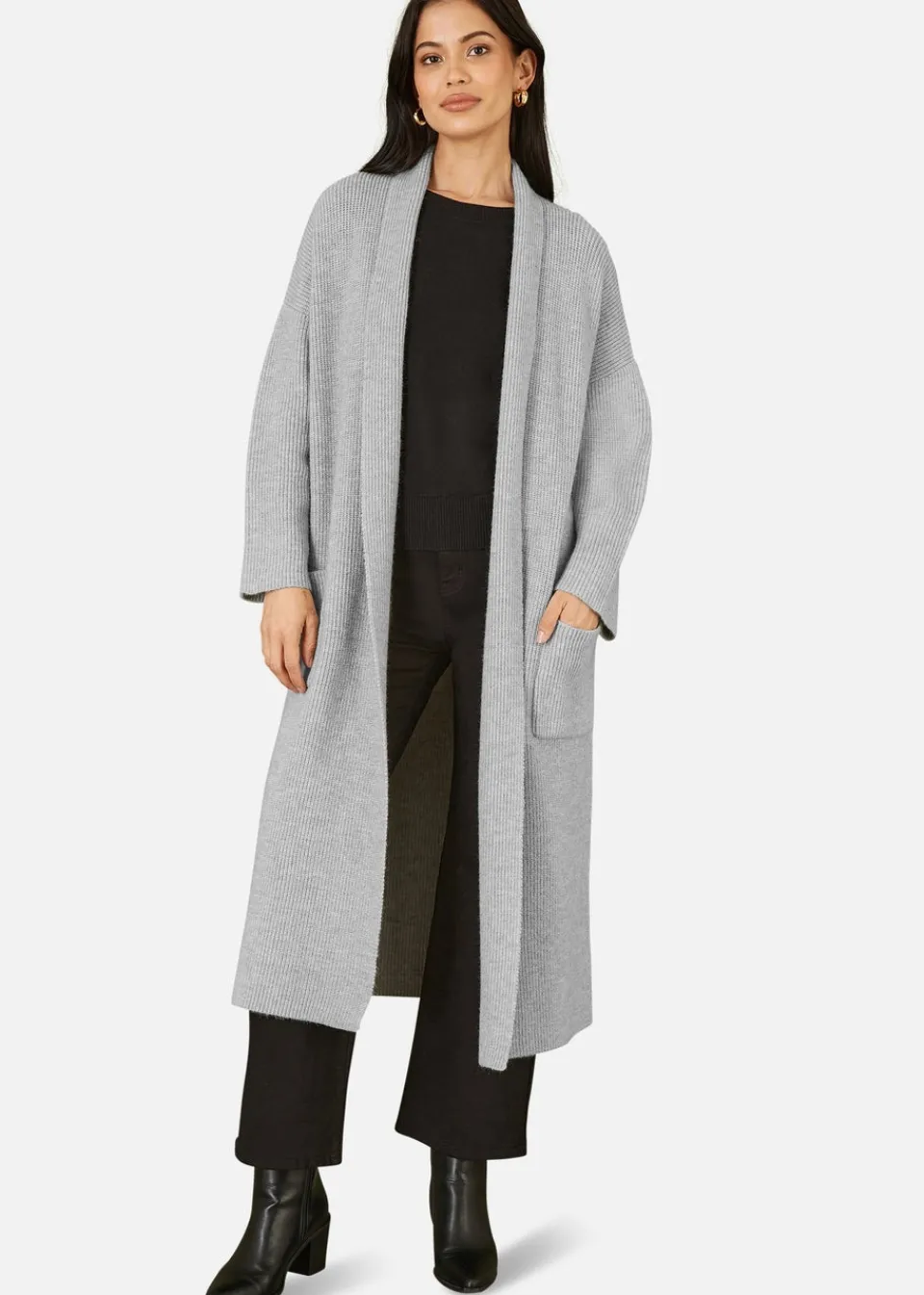 Tops>Yumi Grey Knitted Maxi Cardigan With Pockets