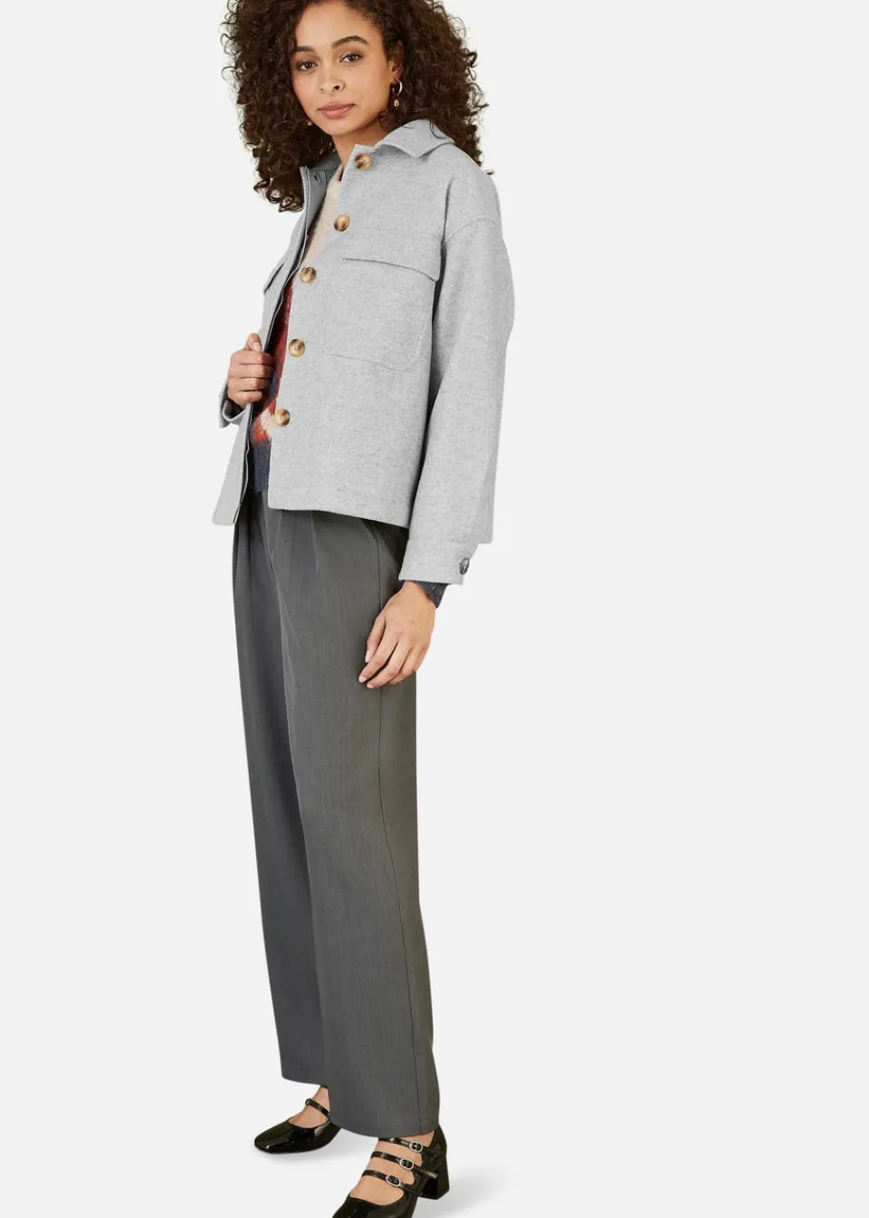 Coats & Jackets>Yumi Grey Woven Shacket With Oversize Pockets