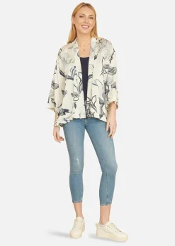 Coats & Jackets>Yumi Ivory Abstract Floral Print Kimono