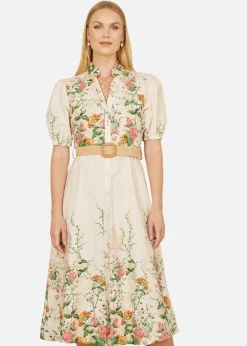 Dresses>Yumi Ivory Cotton Printed Midi Floral Placement Shirt Dress