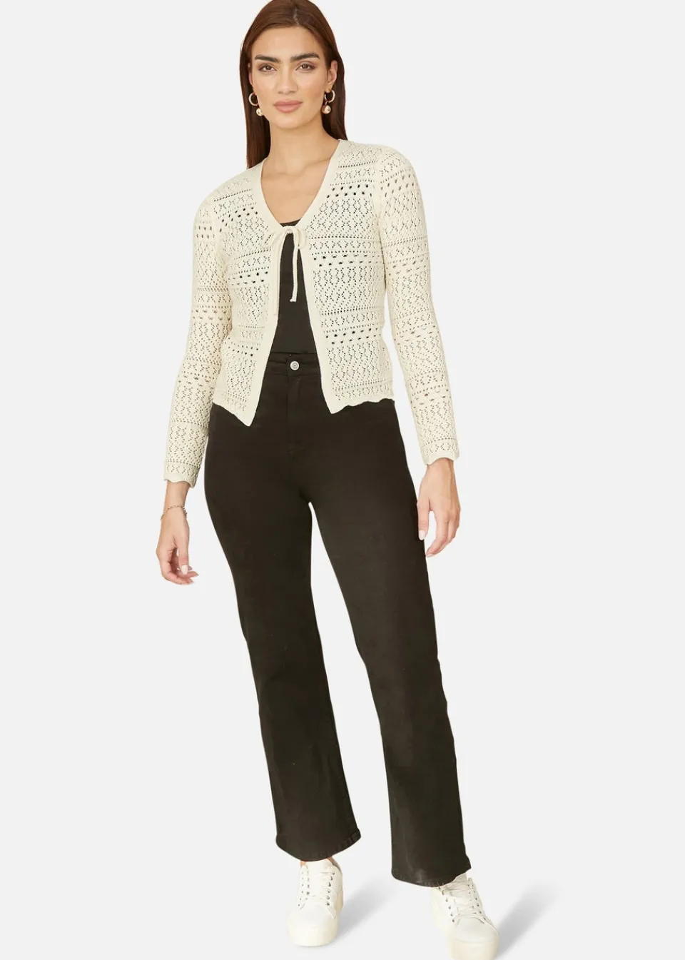 Tops>Yumi Crochet Tie Front Cardigan Ivory