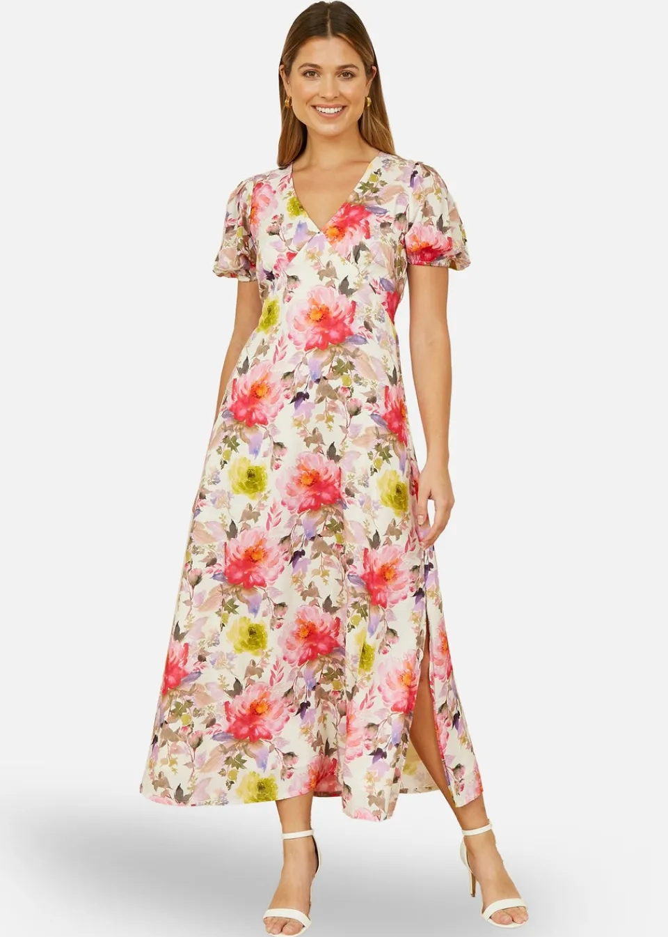 Dresses>Yumi Ivory Floral Midi Dress