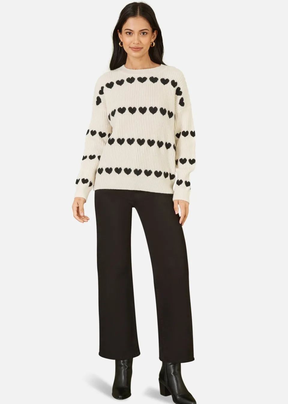 Tops>Yumi Ivory Knitted Jumper With Heart Stripes