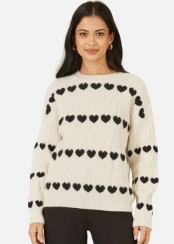Tops>Yumi Ivory Knitted Jumper With Heart Stripes