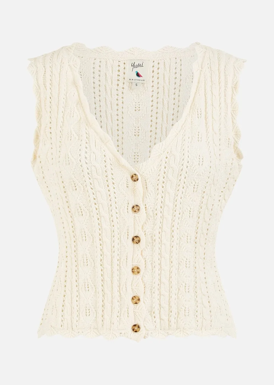 Tops>Yumi Ivory V Neck Button Down Crochet Knitted Top