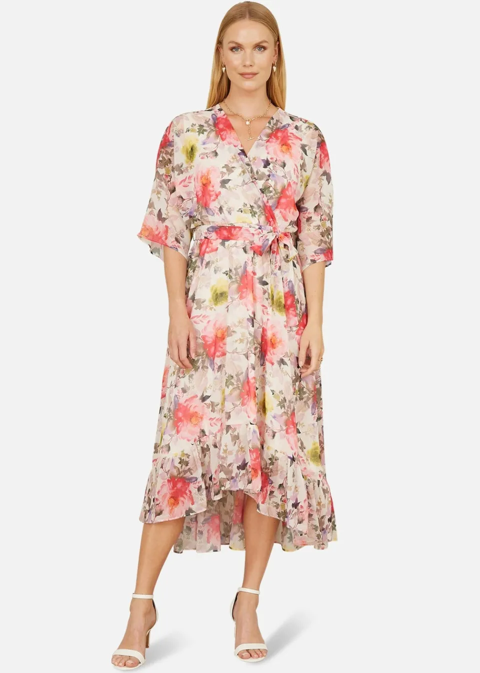 Dresses>Yumi Ivory Vintage Floral Wrap Midi Dress With Frill