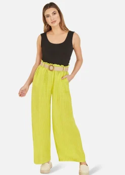 Trousers>Yumi Striped Italian Linen Wide Leg Trousers With Belt Lime