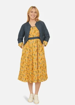 Dresses>Yumi Mustard Floral Skater Dress With Denim Trims
