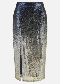 Skirts>Yumi Navy & Silver Sequin Split Fitted Midi Skirt