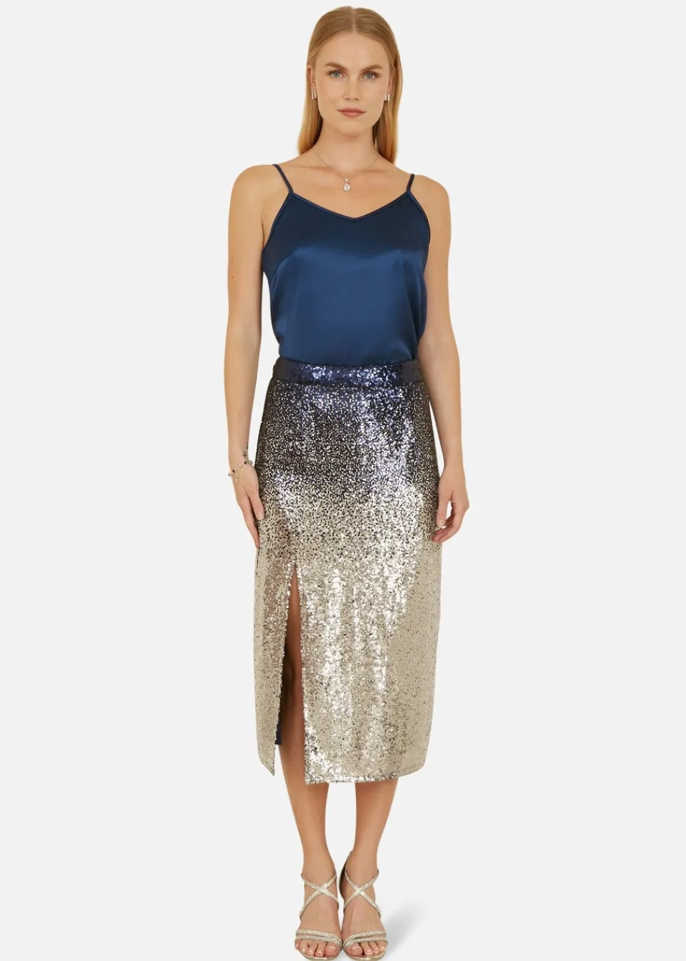 Skirts>Yumi Navy & Silver Sequin Split Fitted Midi Skirt