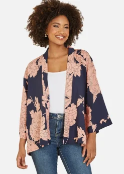 Tops>Yumi Navy Blossom Print Kimono