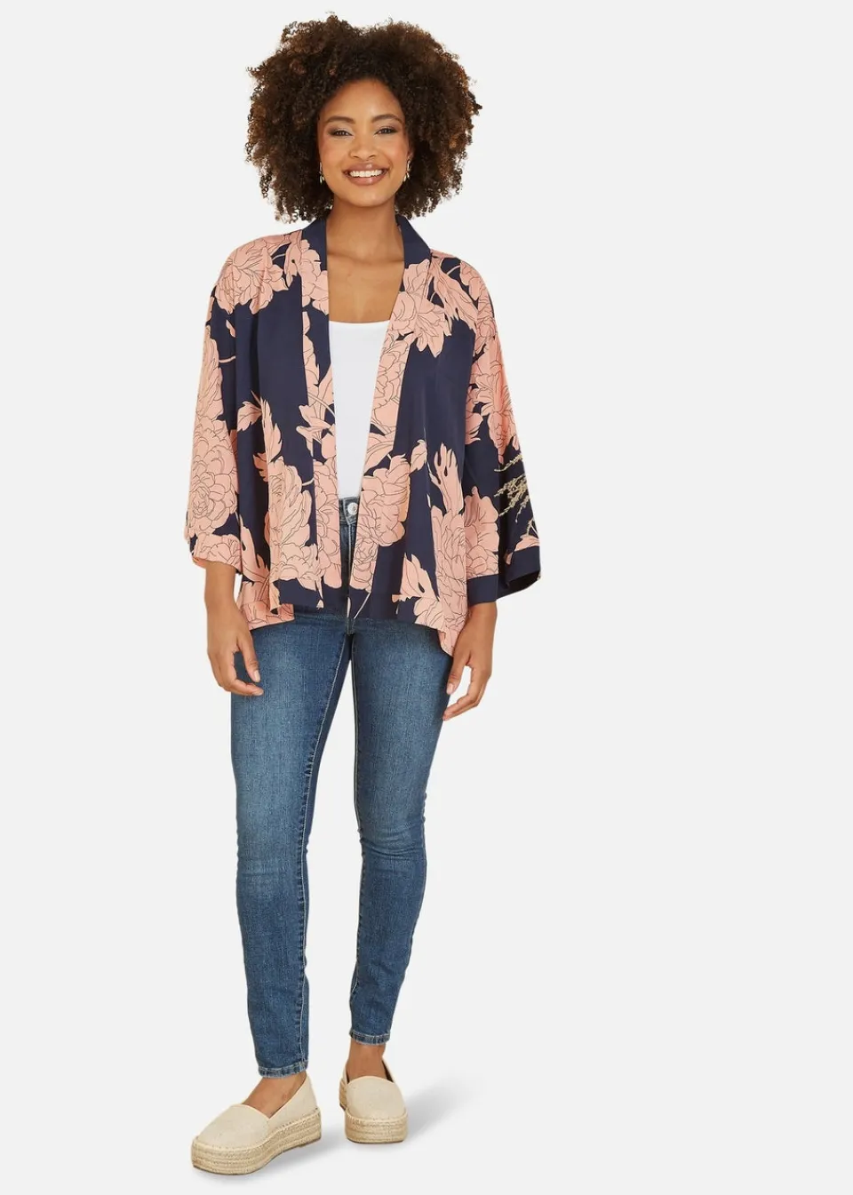 Tops>Yumi Navy Blossom Print Kimono