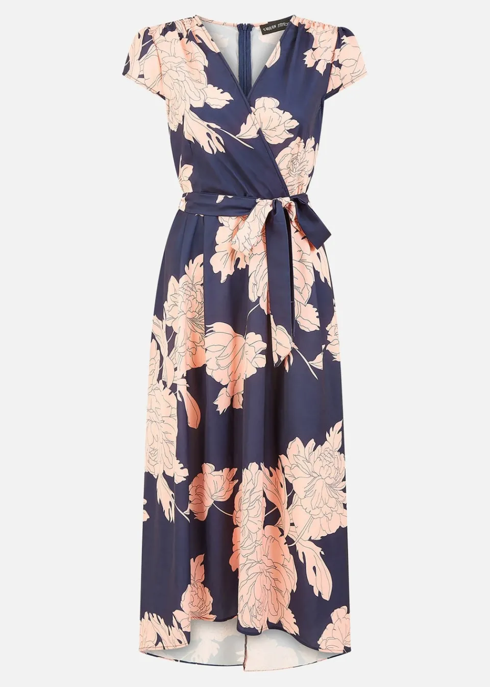Dresses>Yumi Navy Blossom Print Wrap Midi With Dipped Hem