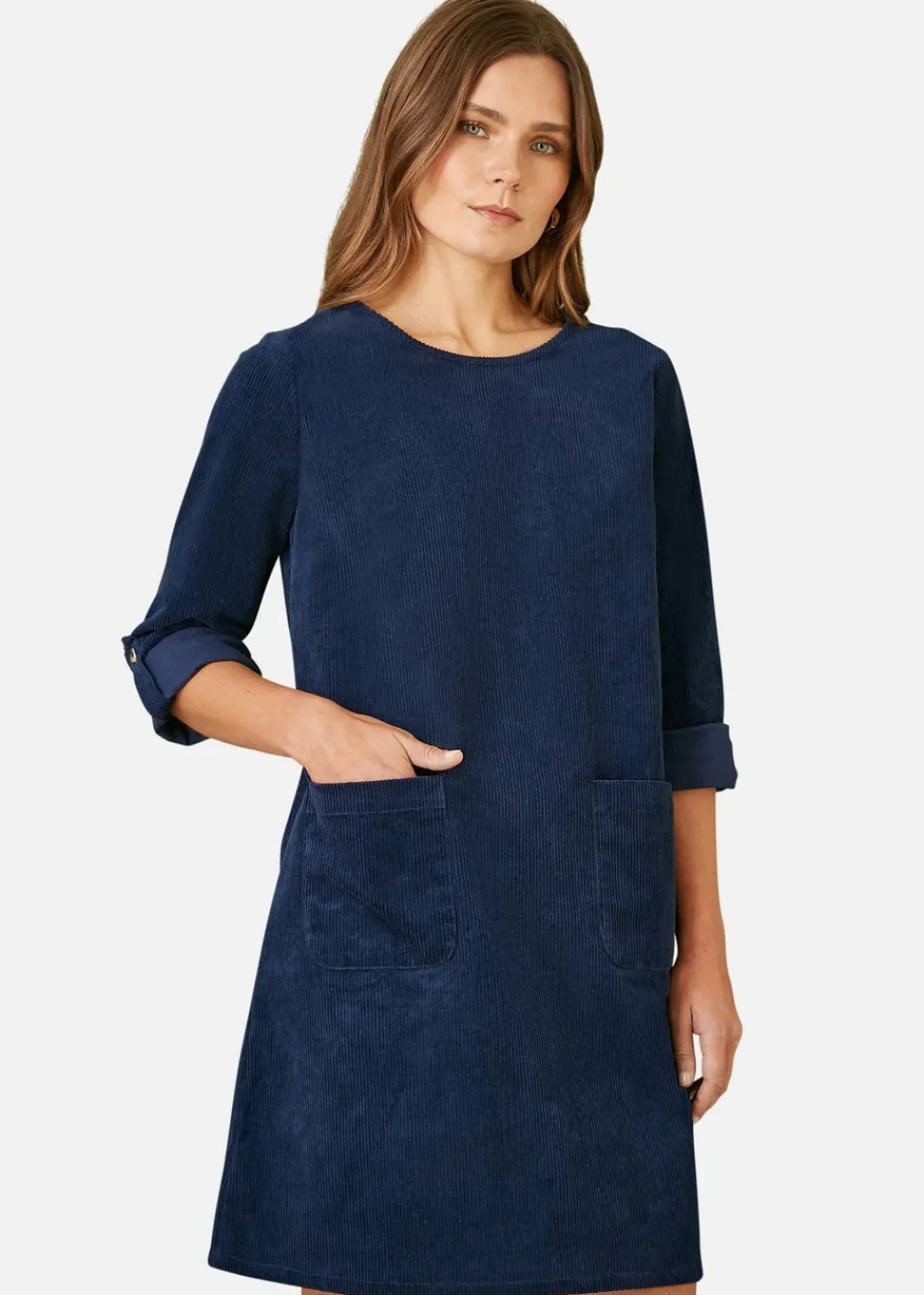 Dresses>Yumi Navy Cord Tunic Dress With Patch Pockets