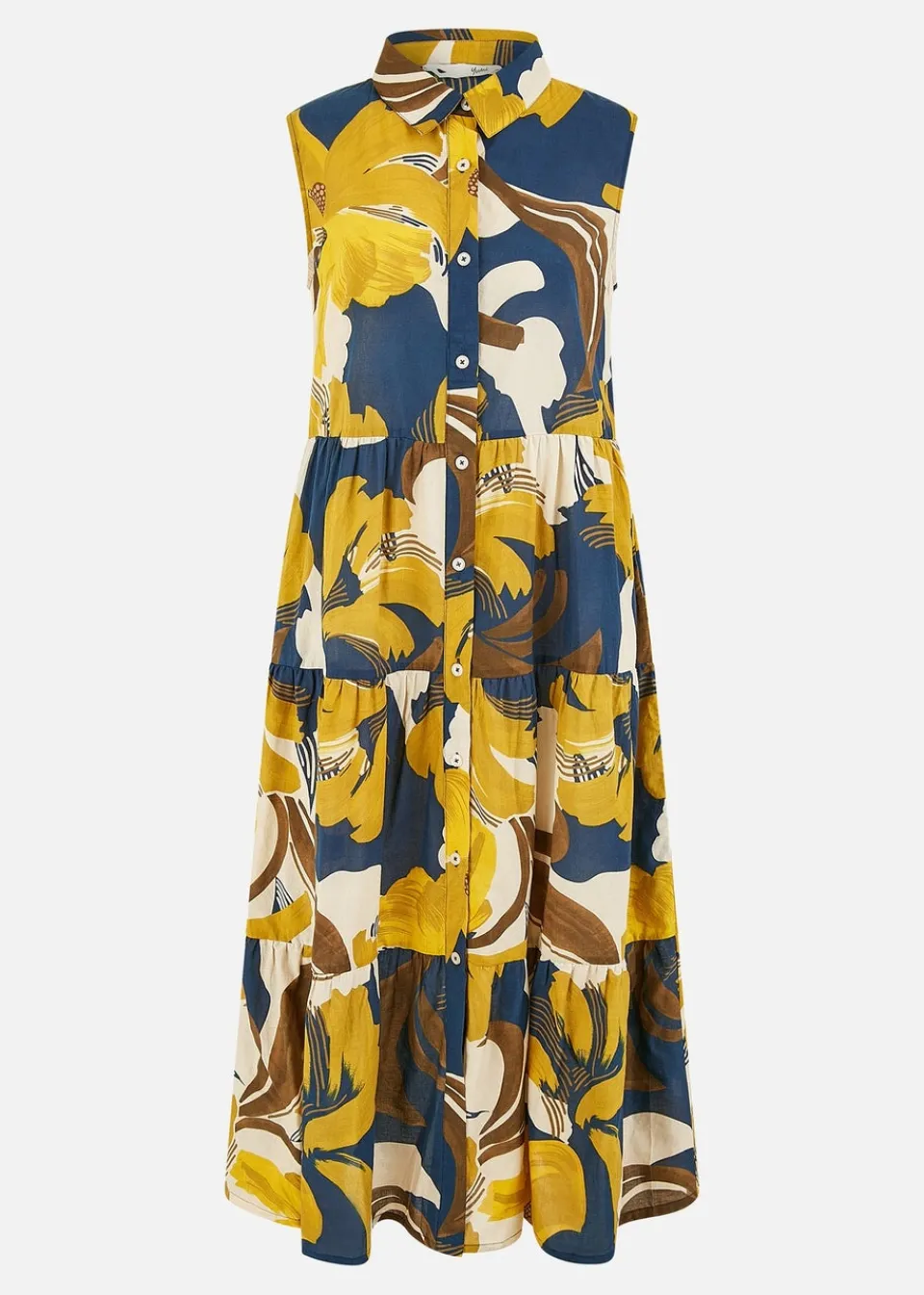 Dresses>Yumi Navy Cotton Leaf Midi Sleeveless Shirt Dress