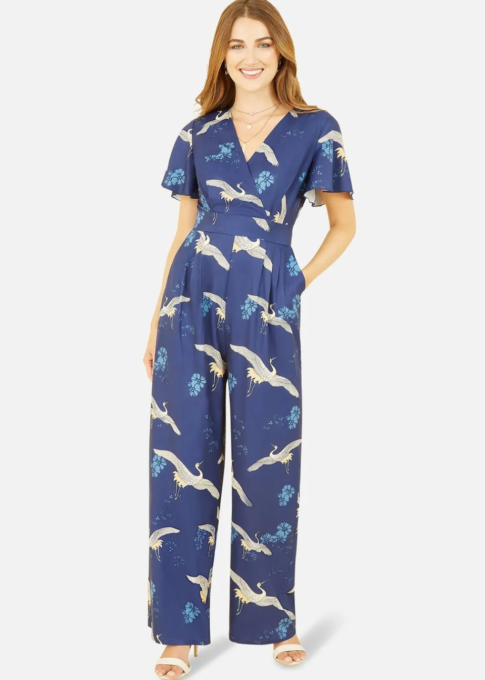 Jumpsuits & Playsuits>Yumi Navy Crane Print Angel Sleeve Jumpsuit