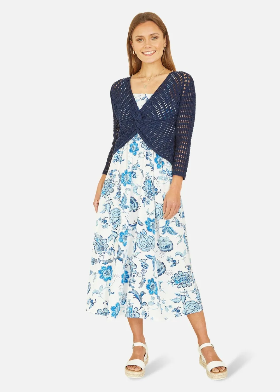 Tops>Yumi Navy Crochet Cotton Twisted Bolero Top