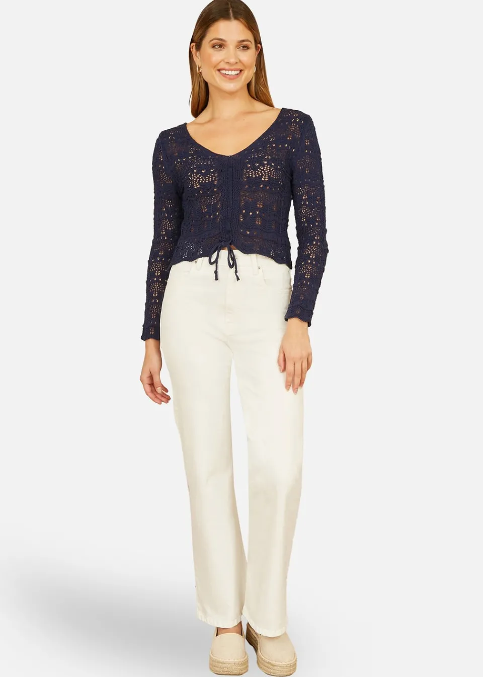 Tops>Yumi Navy Crochet Top With Front Ruching