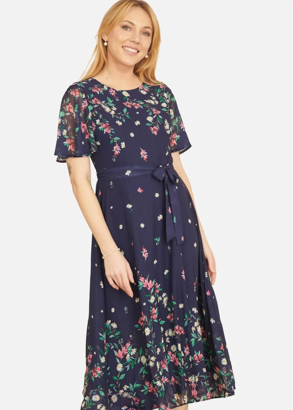 Dresses>Yumi Navy Daisy Mirror Placement Skater Dress With Angel Sleeves