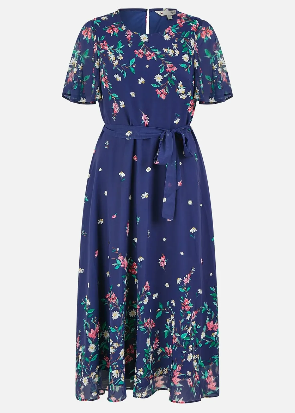 Dresses>Yumi Navy Daisy Mirror Placement Skater Dress With Angel Sleeves