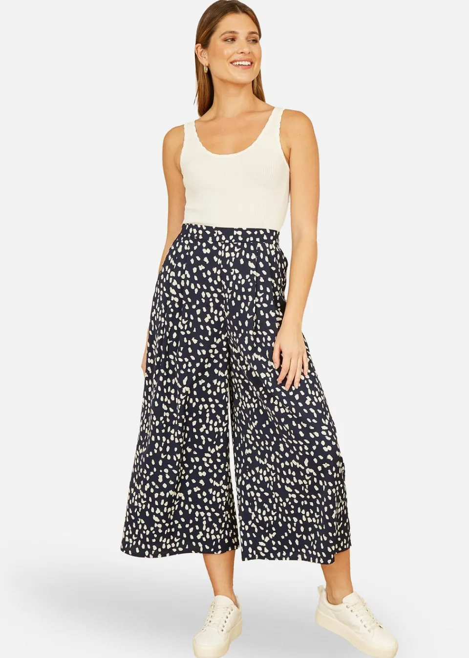 Trousers>Yumi Navy Dash Print Culottes