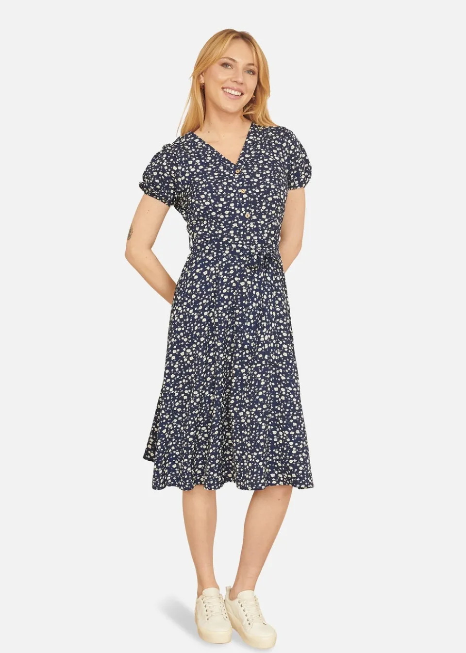 Dresses>Yumi Navy Ditsy Floral Midi Shirt Dress