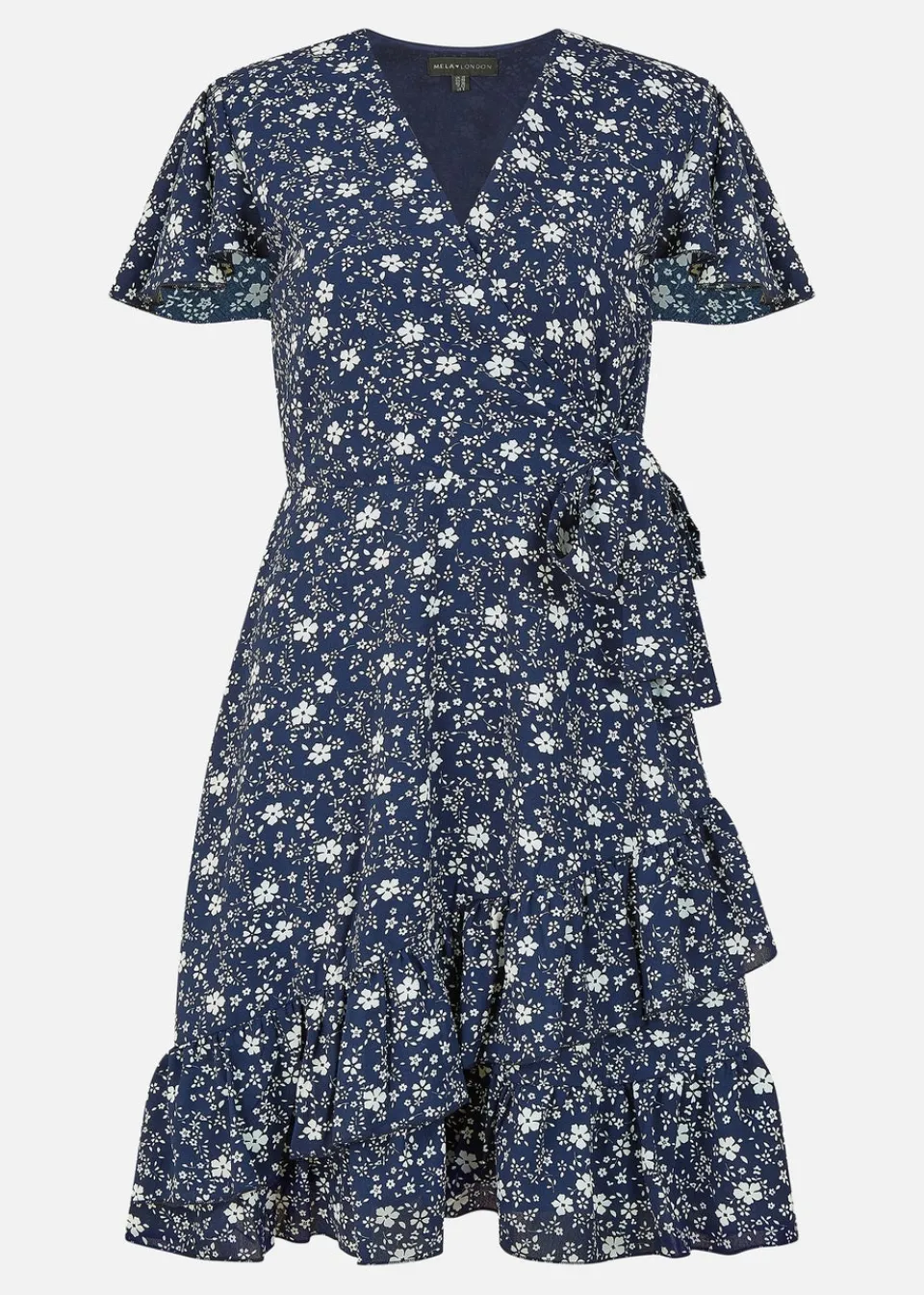Dresses>Yumi Navy Ditsy Floral Wrap Frill Dress