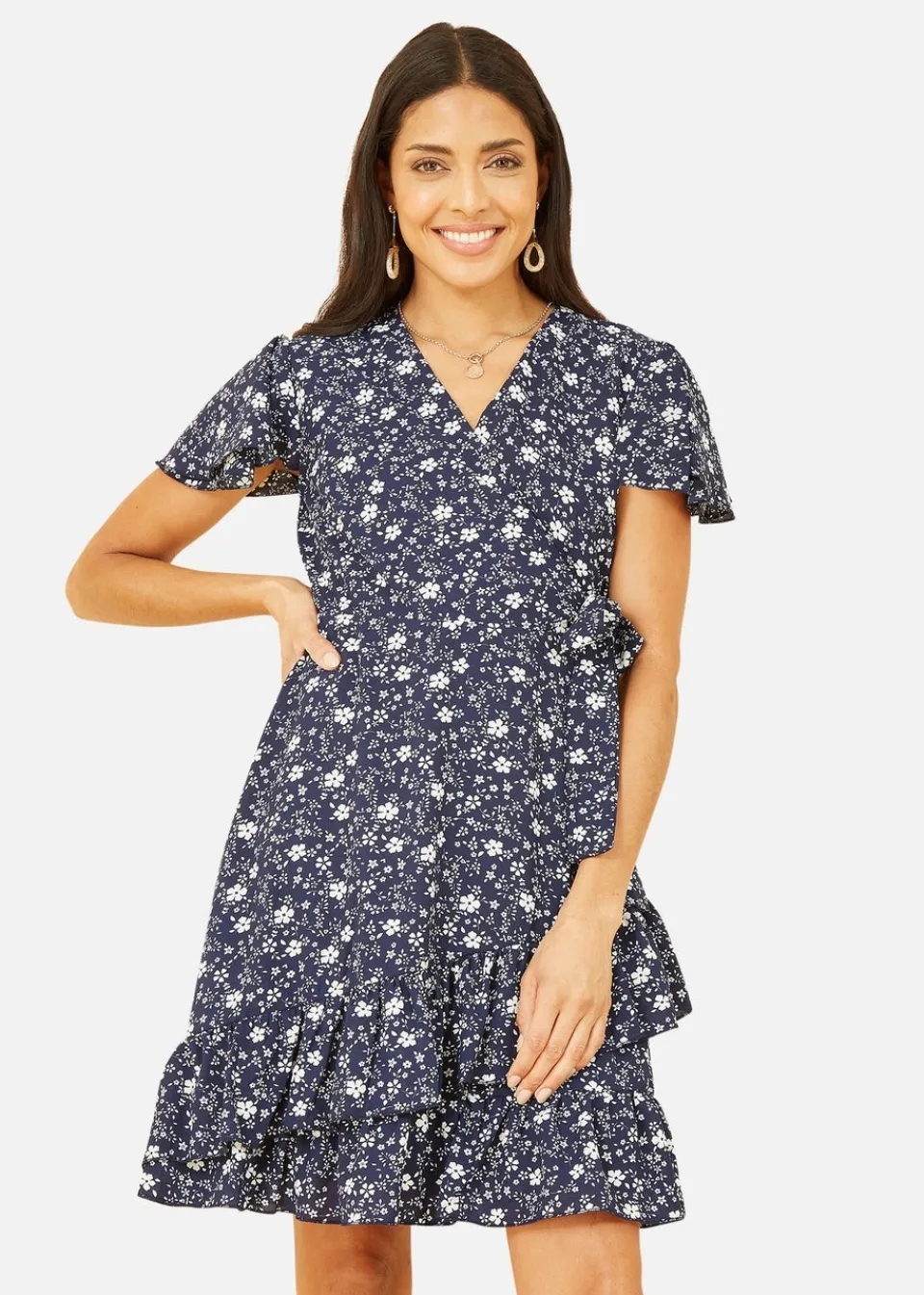 Dresses>Yumi Navy Ditsy Floral Wrap Frill Dress