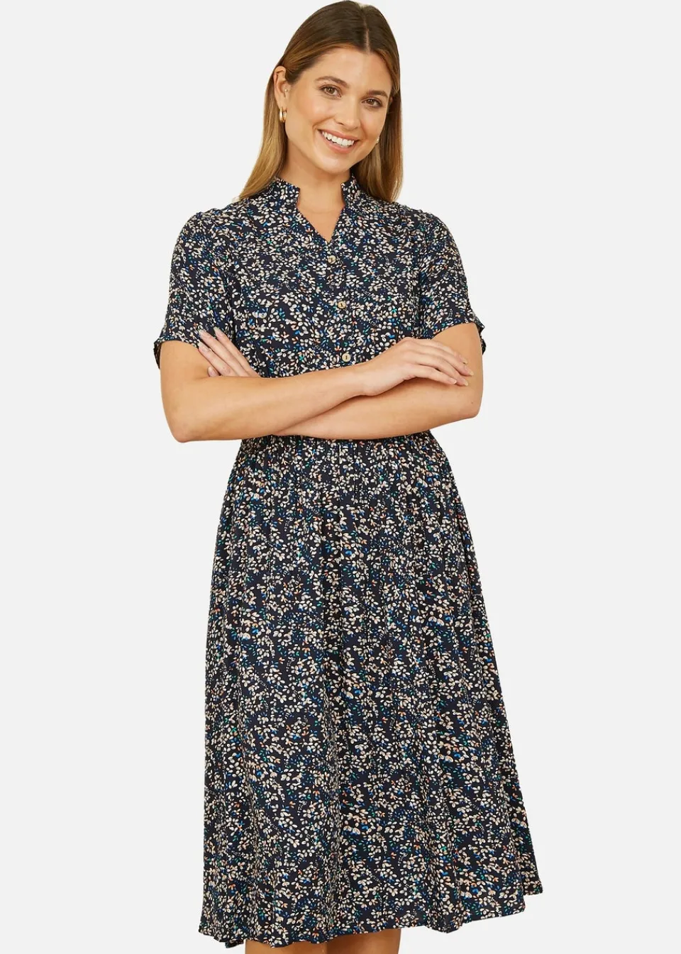 Dresses>Yumi Navy Ditsy Print Ruched Waist Button Down Midi Dress