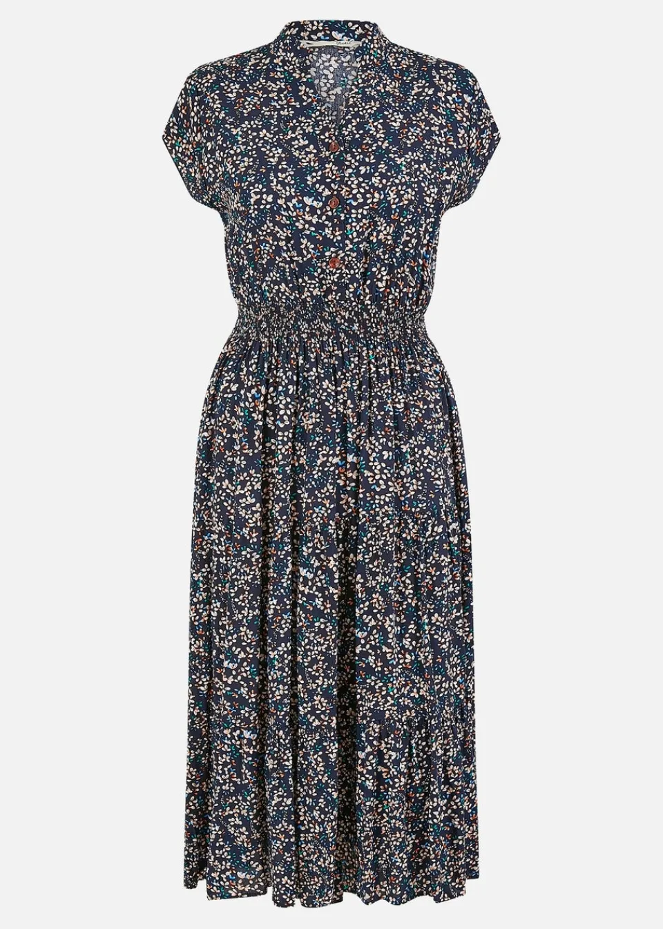 Dresses>Yumi Navy Ditsy Print Ruched Waist Button Down Midi Dress