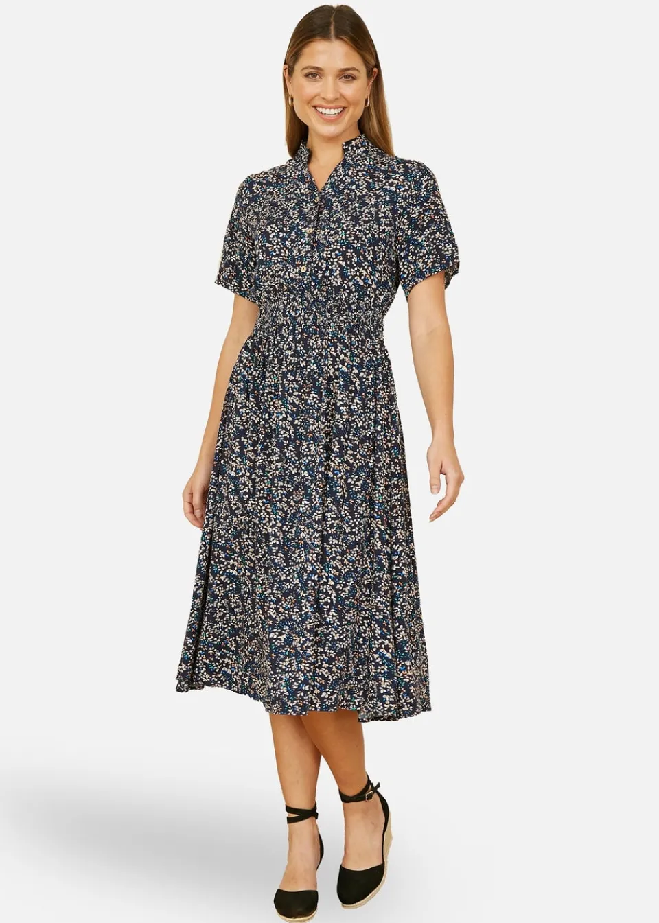 Dresses>Yumi Navy Ditsy Print Ruched Waist Button Down Midi Dress