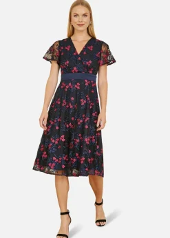Dresses>Yumi Navy Embroidered Floral Mesh Wrap Midi Skater Dress