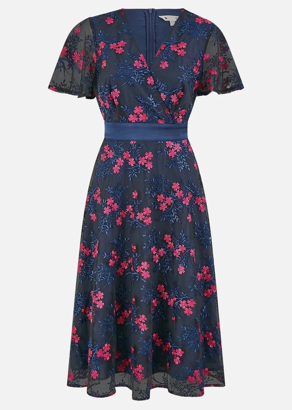 Dresses>Yumi Navy Embroidered Floral Mesh Wrap Midi Skater Dress