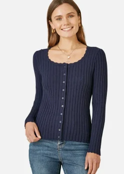 Tops>Yumi Navy Fitted Rib Button Up Cardigan
