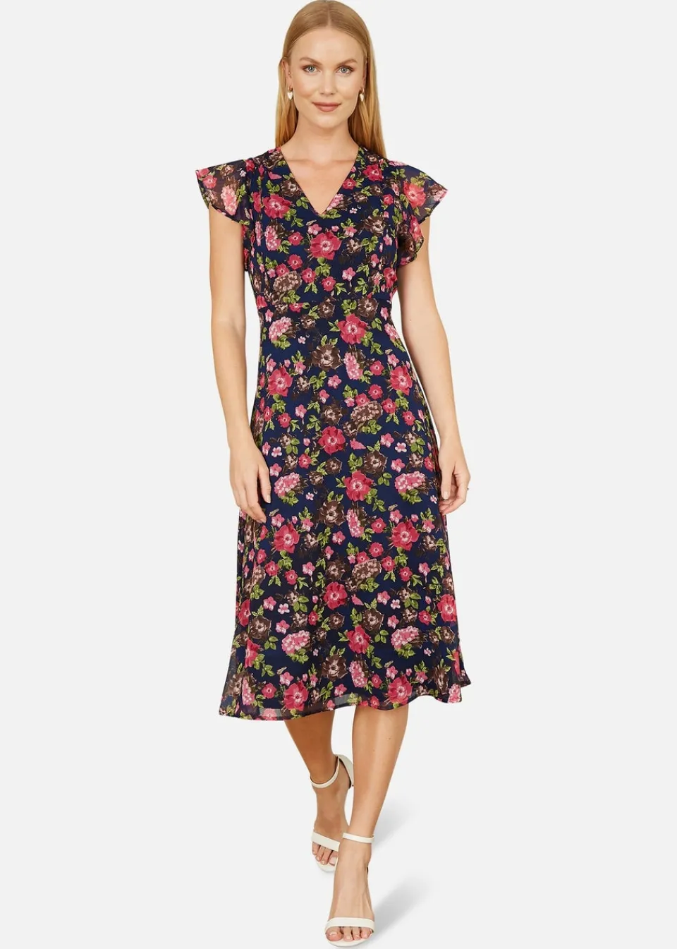 Dresses>Yumi Navy Floral Midi Skater Dress