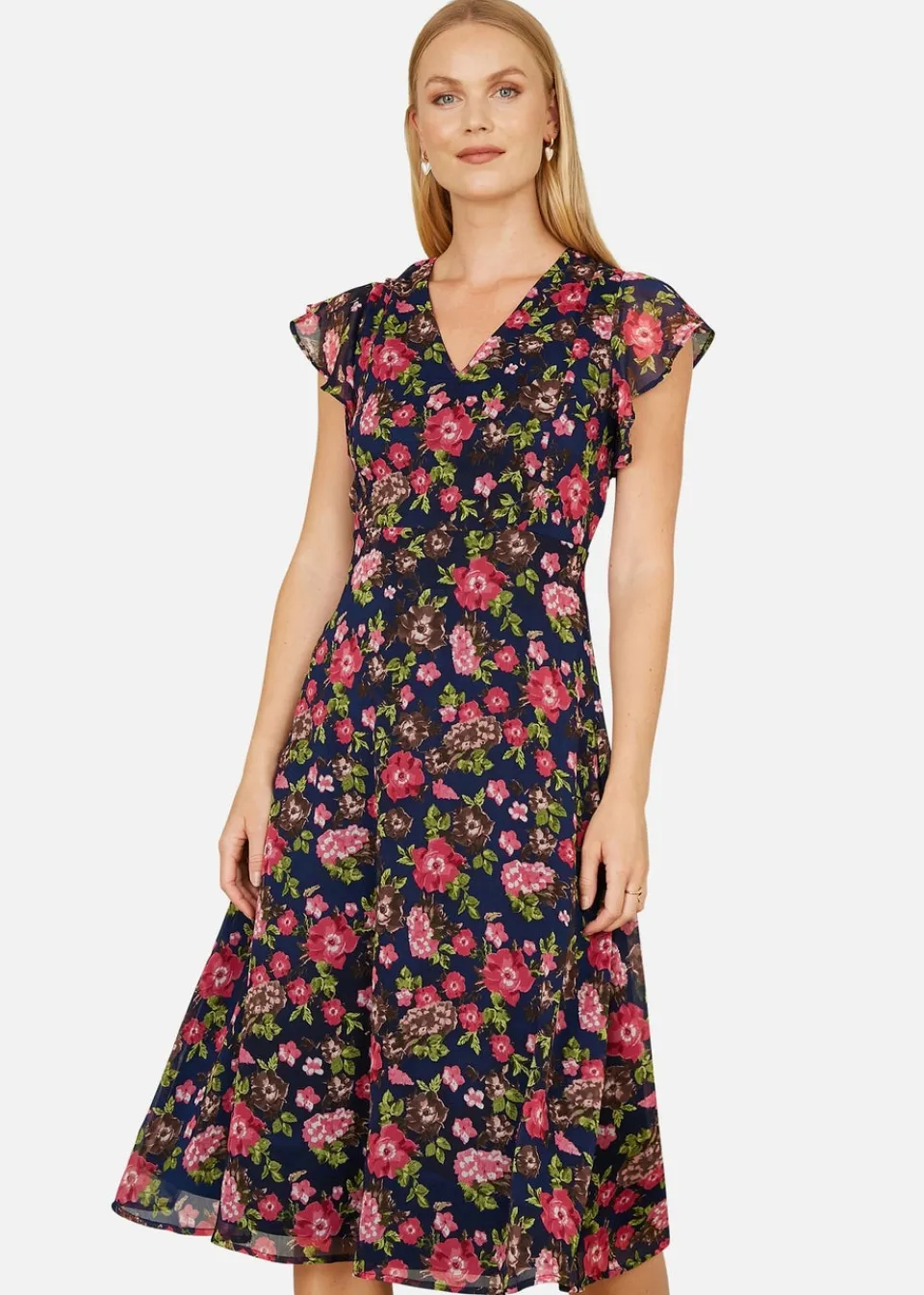 Dresses>Yumi Navy Floral Midi Skater Dress